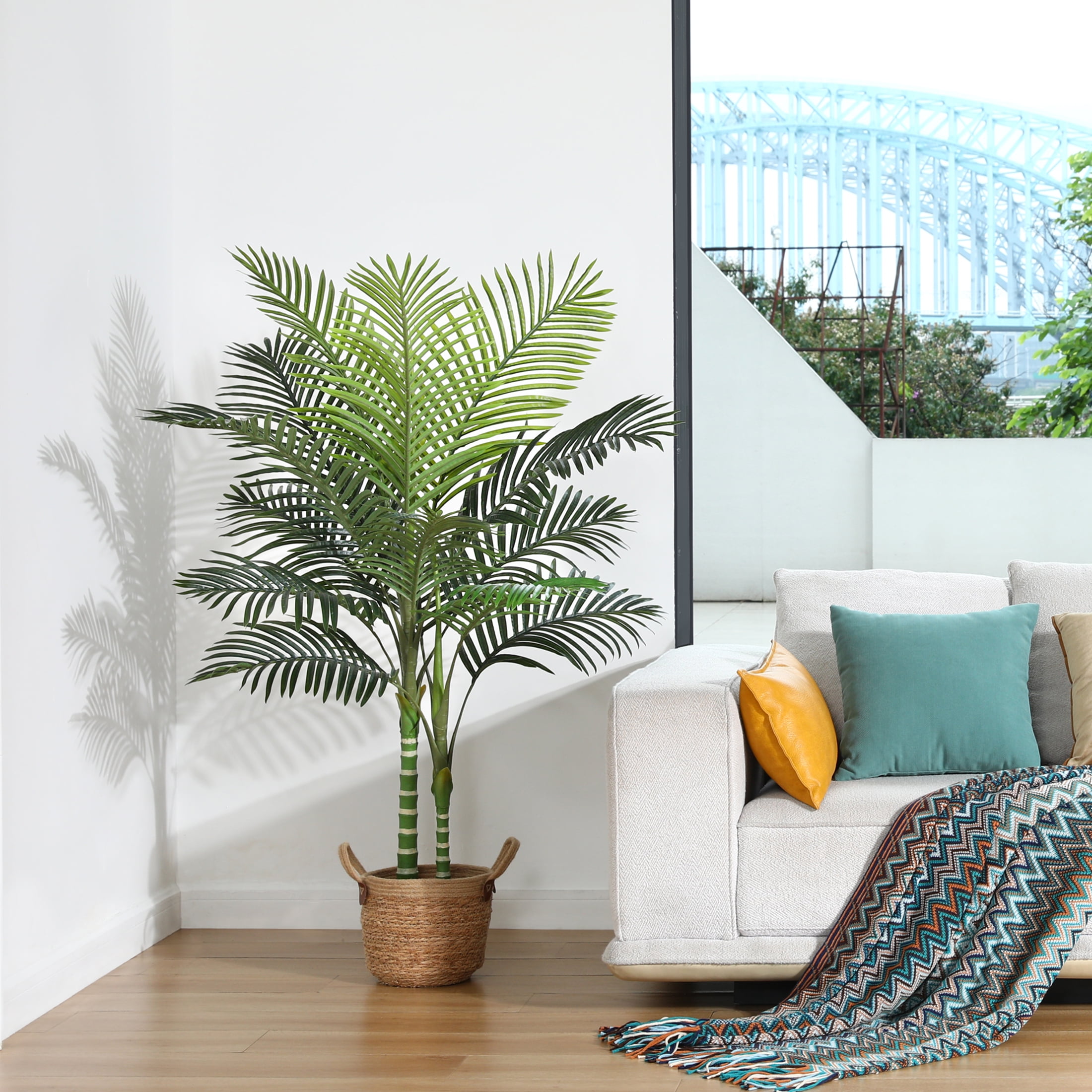 Artificial Golden Cane Palm Plants 5 Feet Fake Tree for Home Decor Indoor Outdoor Faux Areca Palm Tree in Pot for Home Office Perfect Housewarming Gift,Set of 1
