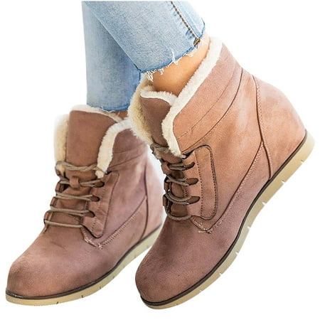 

Egmy Autumn Winter Women Plus Size Casual Flat Short Cross Tied Plus Velvet Boots Pink 7.5(40)