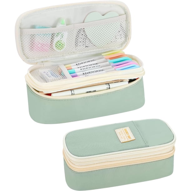 Estuche para lápices estético con cremallera, grande, para niñas, niños, adolescentes y adultos, organizador de papelería para la escuela, color verde