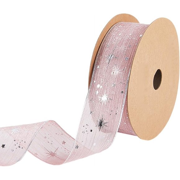1 5/8 Inch 20 Yards Light Pink Star Printed Organza Sheer Chiffon Trim Glitter Silver Stars Pattern Transparent Polyester Fabric Ribbon for Sewing Making Gift Wrapping Wedding Decor Crafts