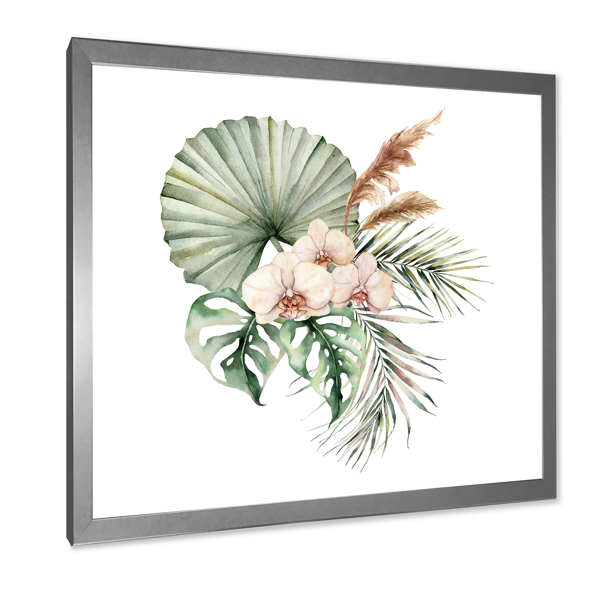Designart 'Tropical Bouquet With Palm Orchids Leaves' Traditional Framed Art Print