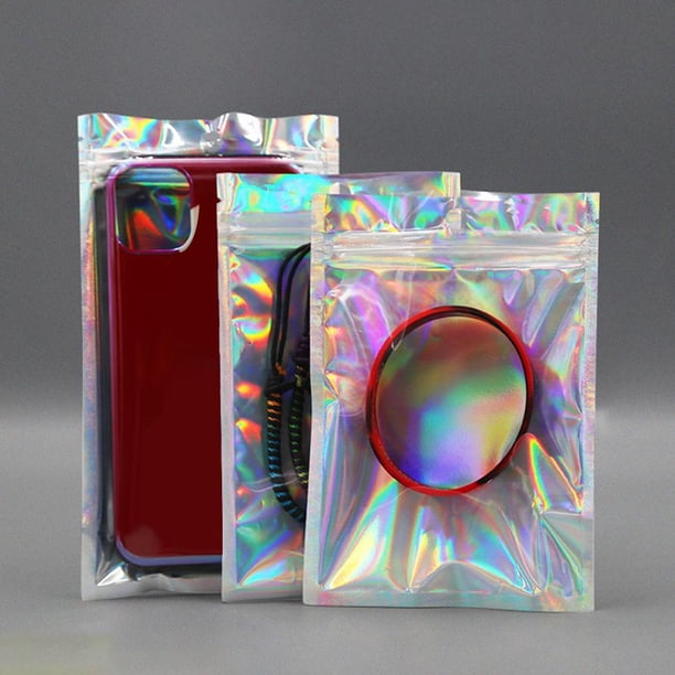Bolsa Sellada Con Película Arcoíris Bolsa de almacenamiento sellada con láser de película de arco iris holográfica de 100 piezas (blanco 10.5X15cm)