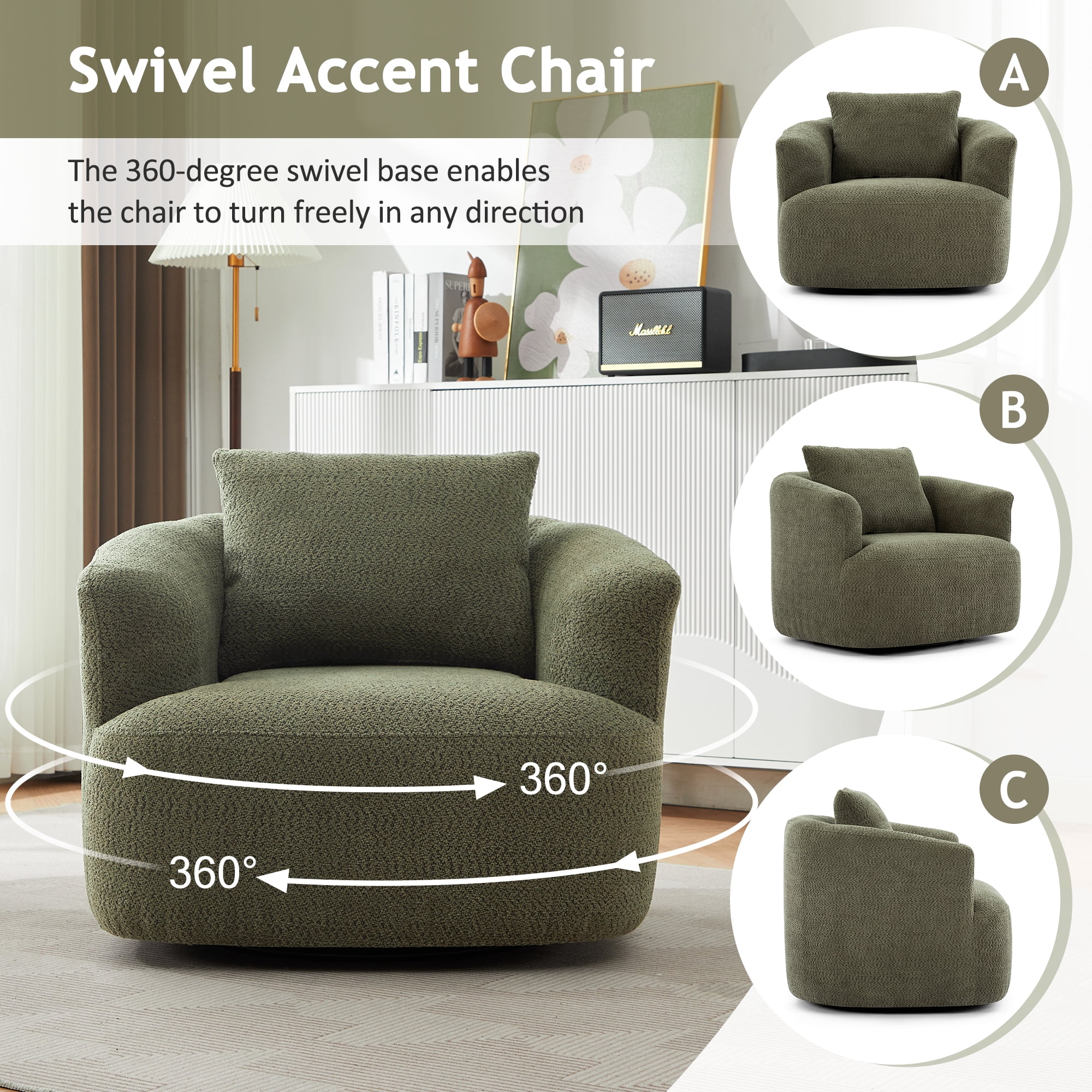 Euroco 360° Swivel Accent Chair with Ergonomic Armrests and Luxe Boucle Cushion