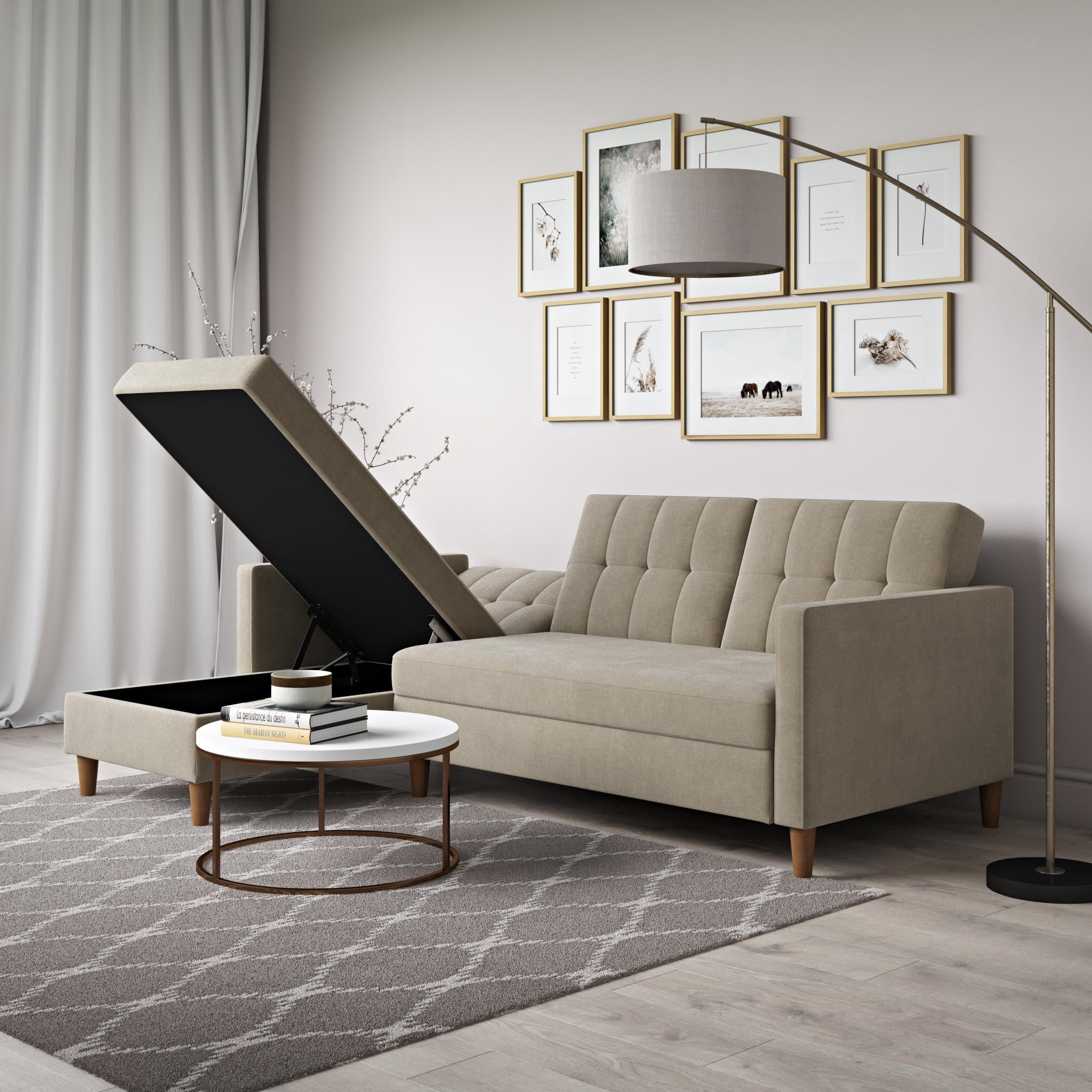 DHP Hartford Storage Reversible Sectional Futon with Chaise, Tan Chenille