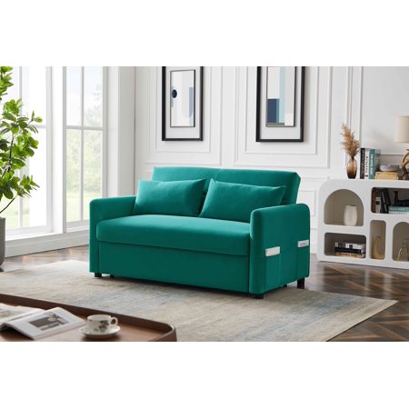 Ucloveria 57" Velvet Loveseat Sofa Modern Adjustable Pull Out Sofa Bed Lounge Chaise Armchair with 2 Lumbar Pillows