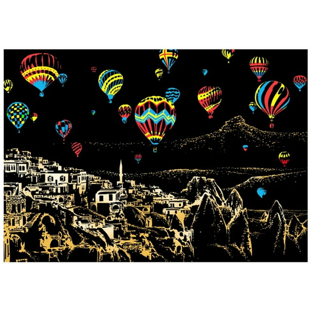 Coofit Scratch Paper Creative Magic Scratch Art Scratch Painting Scratchboard with a vibrant hot air balloon design over a scenic landscape. Made of durable paperboard, measuring 41 x 28.7 cm (16.14 x 11.30 in). Ideal for art supplies, educational crafts, and creative gifts. Includes a bamboo stick for easy use.