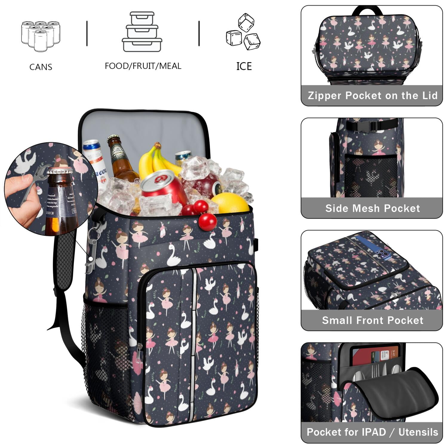Travel Cooler Bag - Dark Blue Ballerina Princess Pattern Camping Beer Cooler Backpack with Bottle Opener- Waterproof Insulated Picnic Backpacks - Cooler Bag for Beach