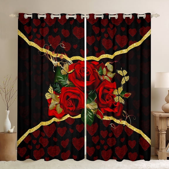jejeloiu Red Valentine Rose Black Out Curtains,Happy Valentine'S Day Curtains Pack of 2 (42x63 Each),Kawaii Heart Print Bedroom Curtains For Men Women,Luxury Bedroom Decor