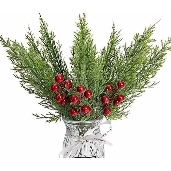 30 Pcs/Set Christmas 3D Artificial Pine Branches- 12.5 Inch Faux Evergreen Cedar Sprigs Branches- Fake Foliage Pine Needles Picks with Artificial Red Berry Stems for DIY Christmas Decoration