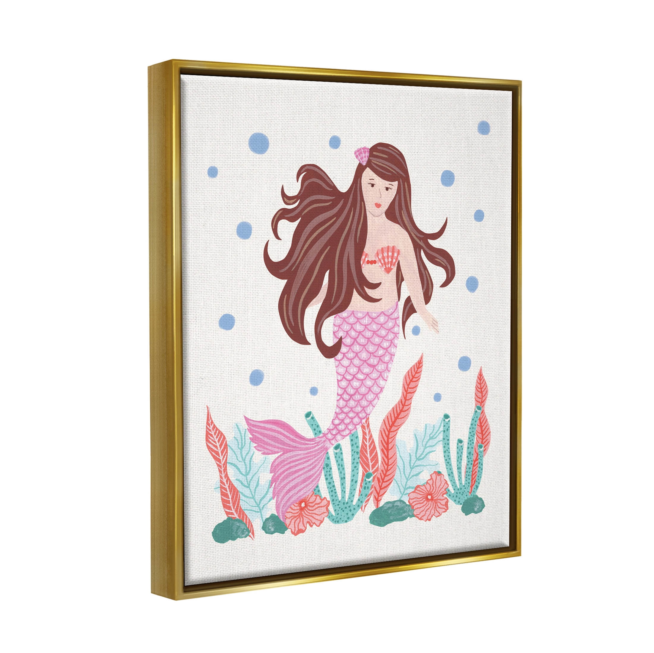 Stupell Industries Underwater Scene Mermaid Bubbles Graphic Art Metallic Gold Floating Framed Canvas Print Wall Art, Design by Aralma