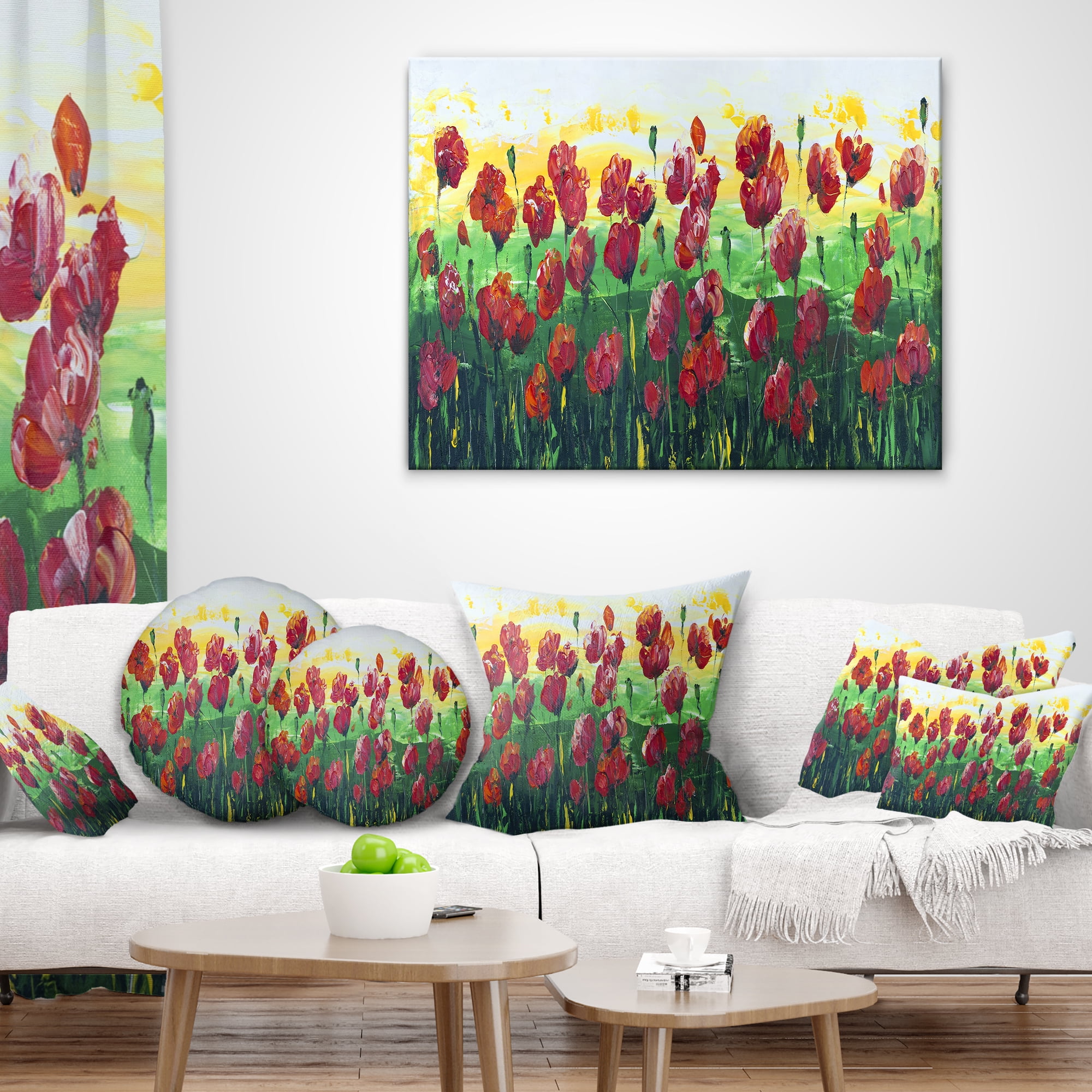 Designart Wild Red Poppies Field Panorama - Modern Landscape Printed Throw Pillow - 16x16