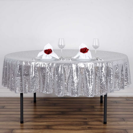 BalsaCircle 90&quot; Sequin Round Tablecloth Silver