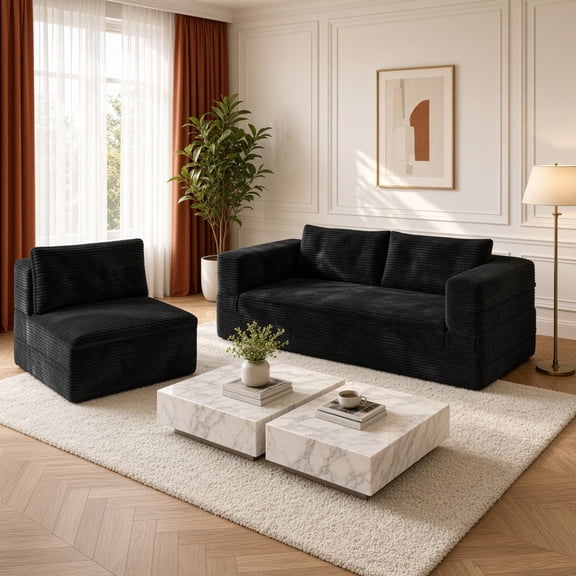 80" King Size Sleeper Sofa Bed, Plush Corduroy Deep Seat Couch with Independent Chaise & Functional Blanket, Convertible Oversized Lounge, Black
