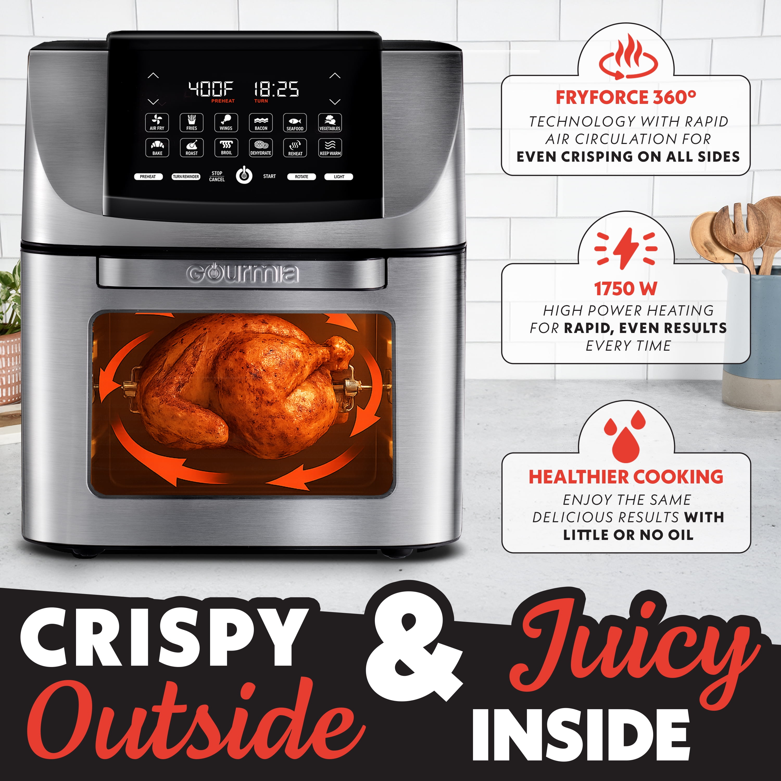 Gourmia 14 Qt Air Fryer Oven, 12 Presets, Rotisserie, FryForce 360°, Stainless Steel