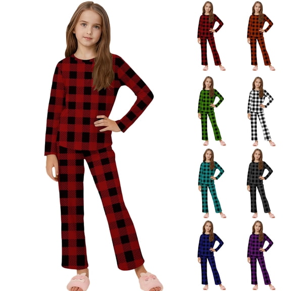 Mgmyaa Breathable Cotton Plaid Pajama Set for Cool Weather, Crewneck Long Sleeve Top with Straight-Leg Pants for Unisex Kids 2-Piece Loungewear