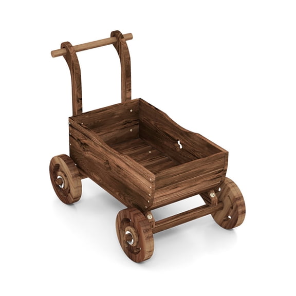 Resenkos Outdoor Patio Garden Truck, Cart, Decorative Wooden Wagon Cart with Handle Wheels and Drainage Hole-Rustic Brown