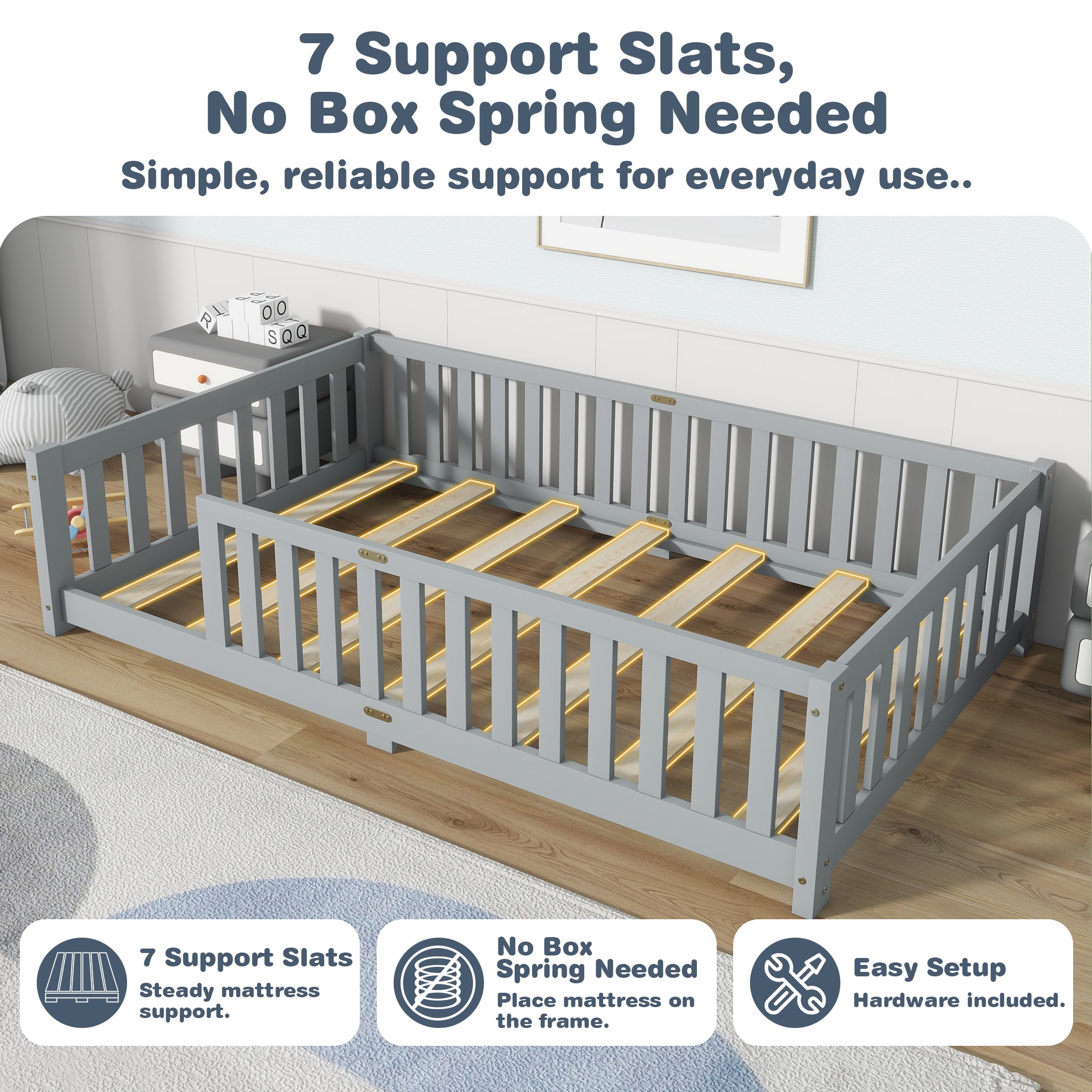 Sesslife Twin Montessori Floor Bed, Wood Twin Size Floor Bed Frame with Safety Guardrails and Slats, Low Profile Toddler Bed for Kids Boys and Girls, No Box Spring Needed, Grey