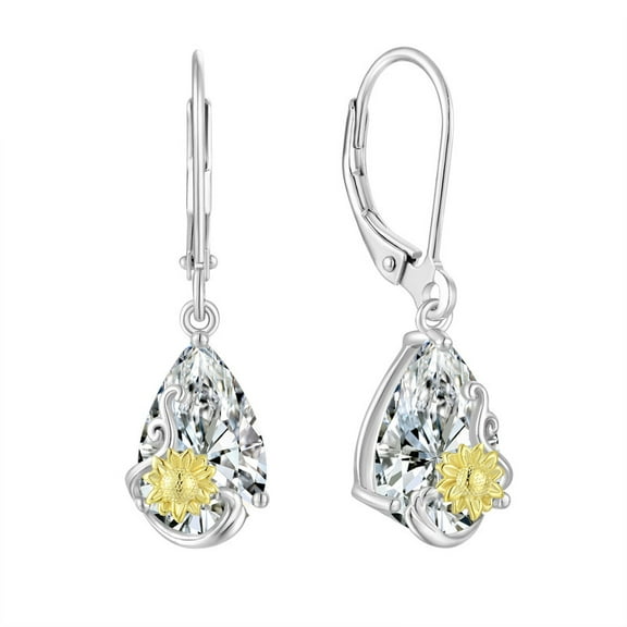 Sunflower CZ Earrings for Women, 925 Sterling Silver Dangle Drop Earrings 7x10mm Teardrop Birthstone Leverback Earrings Jewelry Birthday Gifts for Her