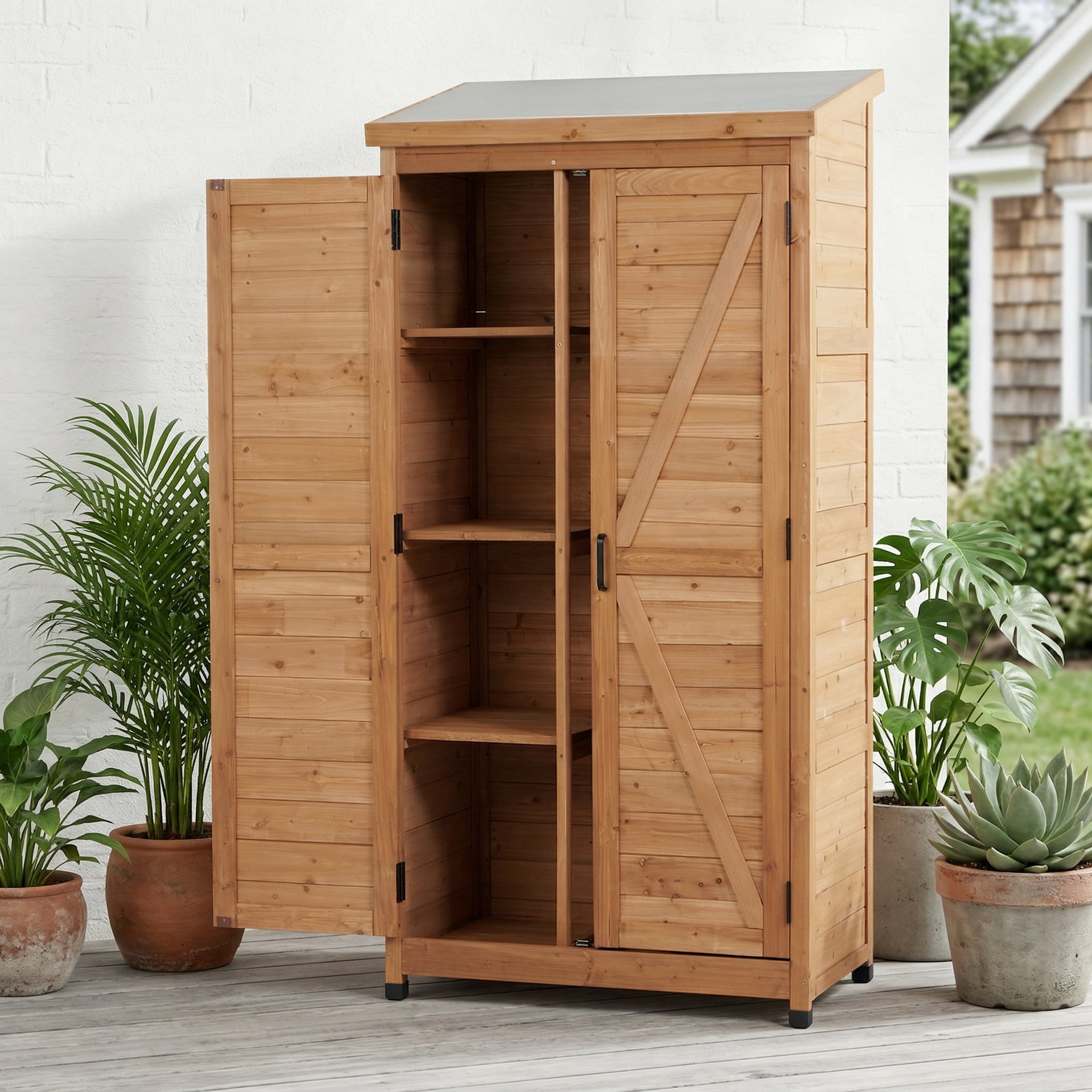 Outdoor Wooden Storage Shed with Metal Top and Double Doors, Tall Vertical Tool Cabinet and Garden Organizer, Gold