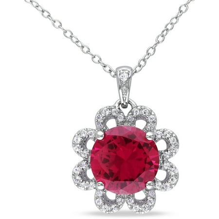 Tangelo 4-7/8 Carat T.G.W. Created Ruby and White Topaz Sterling Silver Flower Pendant, 18