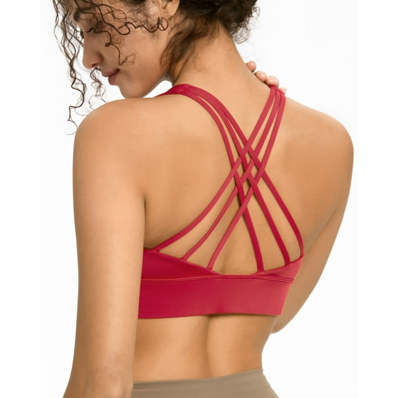 WANOSS Women's Strappy, Longline, Crossback, Padded, Medium Support Yoga Sports Bra, Red