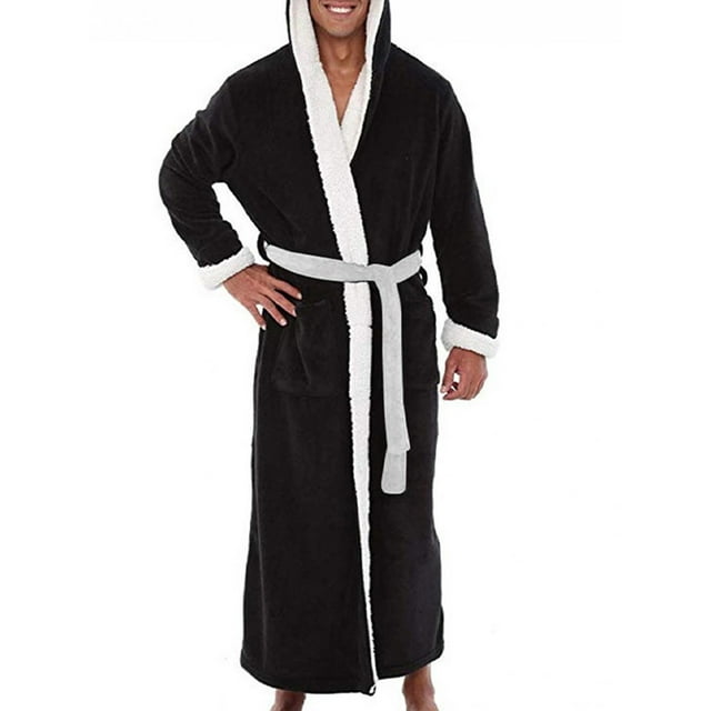 Daeful Dressing Gown Hooded Bath Robes Long Sleeve Wrap Robe Mens Warm Thicken Plush Solid Color Towelling Black White S