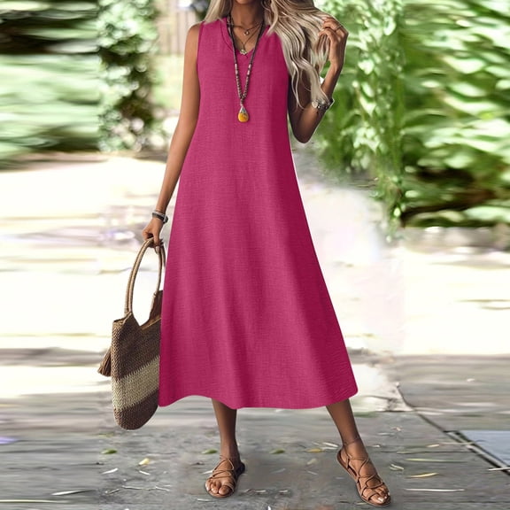 Xaqiouau Womens Solid Sleeveless V Neck Linen Blend Maxi Dress Loose Flowy A Line Casual Summer Beach Vacation Kaftan Long Dress Daily Wear
