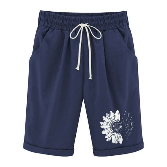 Huesdet Women's Bermuda Shorts Athletic Long Loose Fit Shorts with Pockets Drawstring Lounge Shorts for Walking Workout Yoga(Navy,XXL)