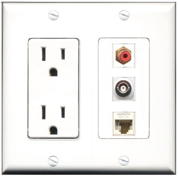 RiteAV - 15 Amp Power Outlet 1 Port RCA Red 1 Port BNC 1 Port Cat6 Ethernet Ethernet White Decorative Wall Plate