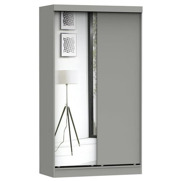 Mirror Wood Double Sliding Door Wardrobe, Light Gray
