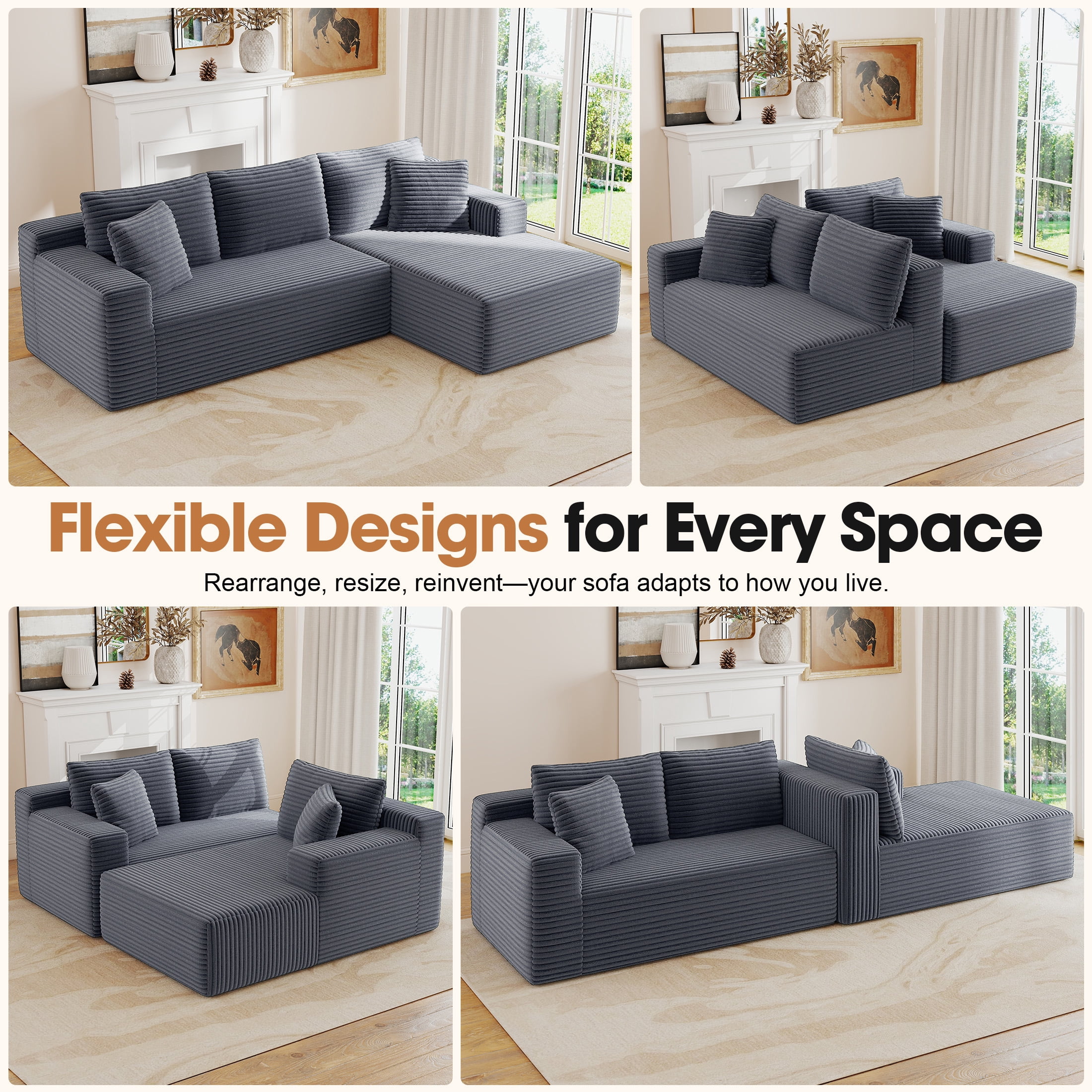 Aukfa Modular Sectional Sofa with Chaise, 95" Boneless Cloud Couch for Living Room, Gray