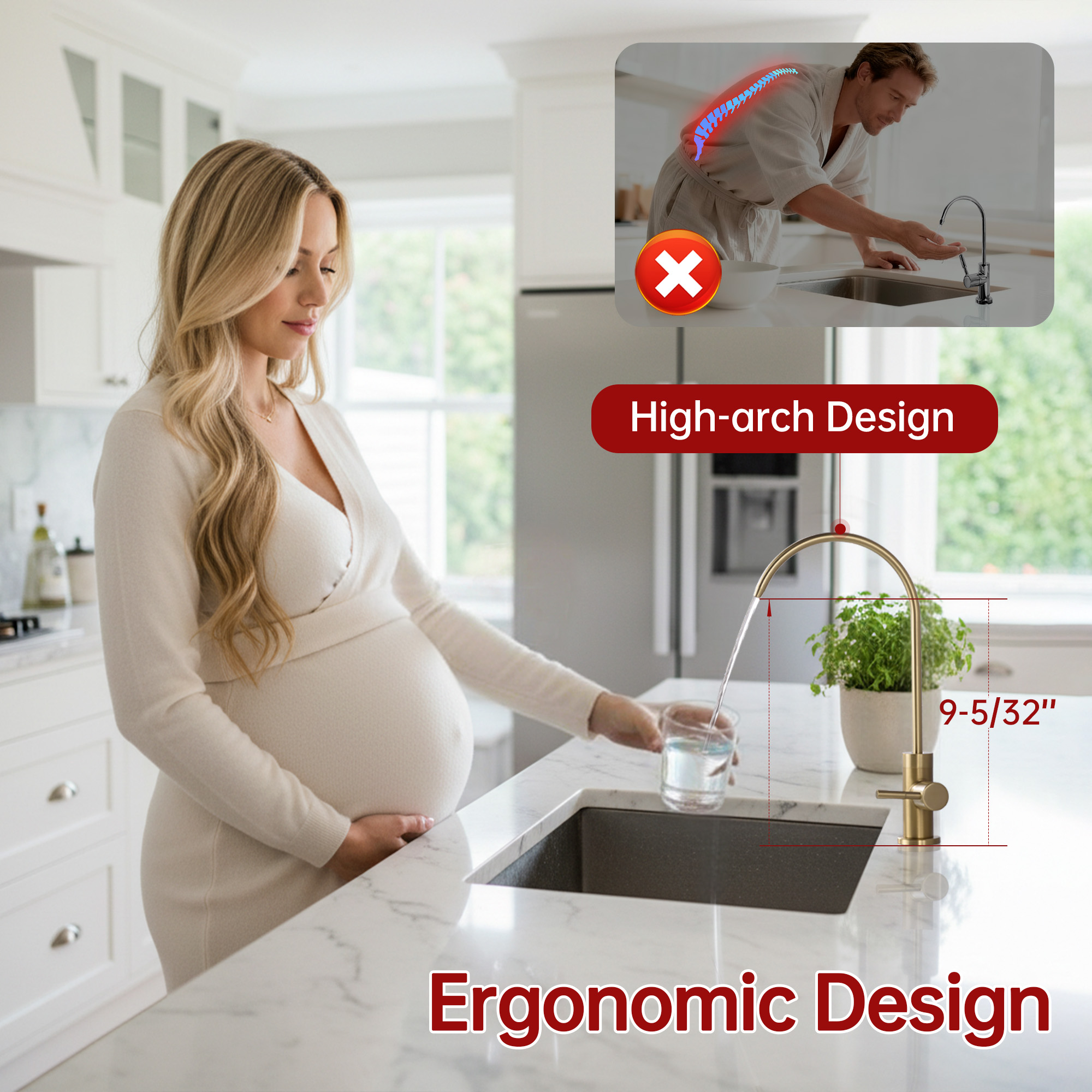 SUMERAIN Drinking Water RO Faucet for Kitchen Sink, 100% Lead-Free Stainless Steel Brushed Gold Purified Filter Faucet
