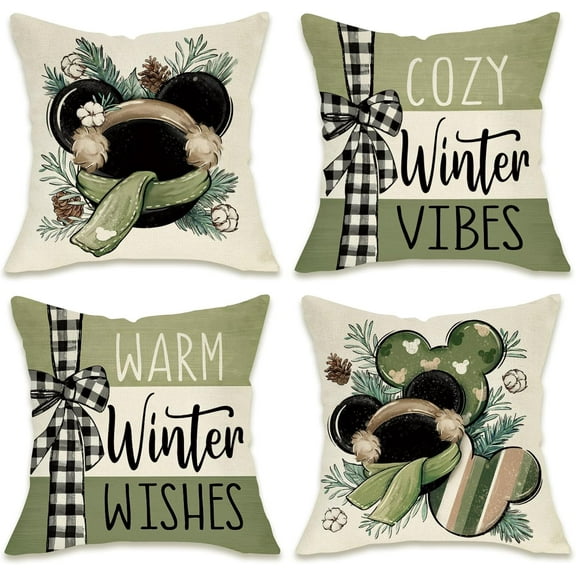 Warm Winter Wishes Green Decorative Throw Pillow Covers 18 x 18 Set of 4, Cozy Vibes Pine Needle Farmhouse Outdoor Pillowcase, Christmas Plaid Bow Cushion Case Home Decor