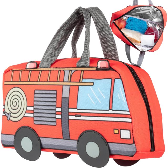 Shiyou-boîte à Lunch Isolée en Forme de Camion de Pompiers avec Sangle - Garde les Aliments Chauds Ou Froids pendant des Heures - Sac Réutilisable s'Adapte aux Packs de Glace, Conteneurs Bento, Chauffe Facilement - Rend les Déjeuners Amusants pour Garçons