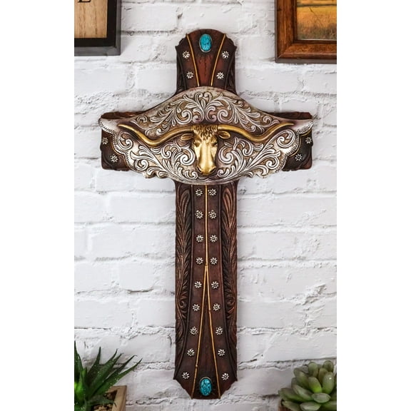 Rustic Western Texas Longhorn Bull Cow Tooled Concho Turquoise Rocks Wall Cross