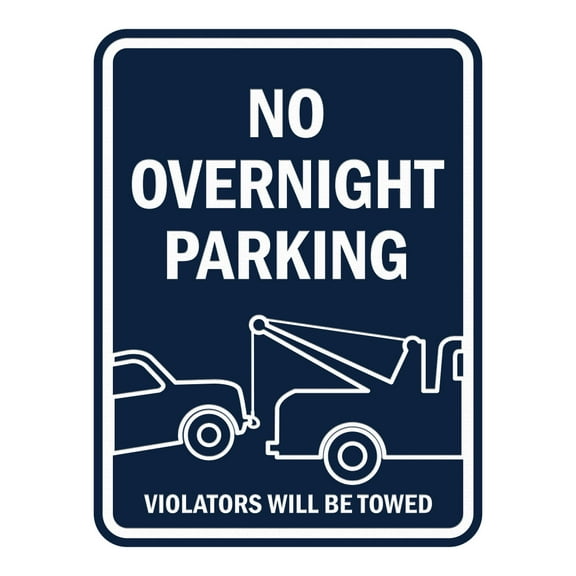 Signs ByLITA Portrait Round No Overnight Parking Violators Will Be Towed ABS Plastic | Laser Engraved | Easy Installation | Elegant Design Sign (Navy Blue / White) - Large