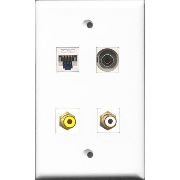 RiteAV - 1 Port RCA White and 1 Port RCA Yellow and 1 Port 3.5mm and 1 Port Cat5e Ethernet White Wall Plate