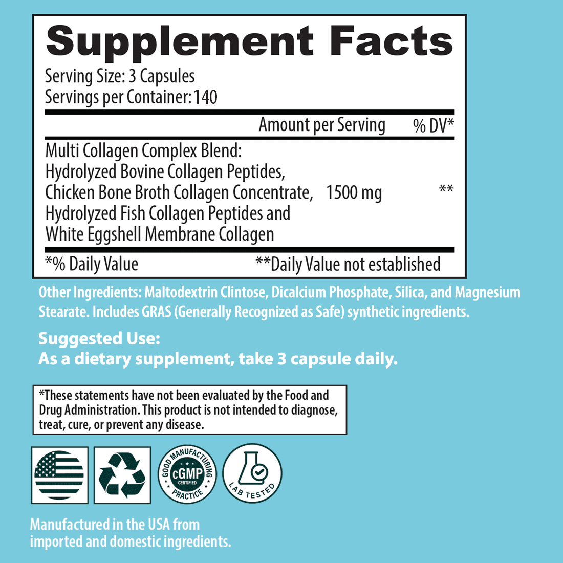 Sanar Naturals Collagen Multi Complex, Type I, II, III, V, X, for Hair, Skin, Nails, Joint & Bone Support, 120 Capsules