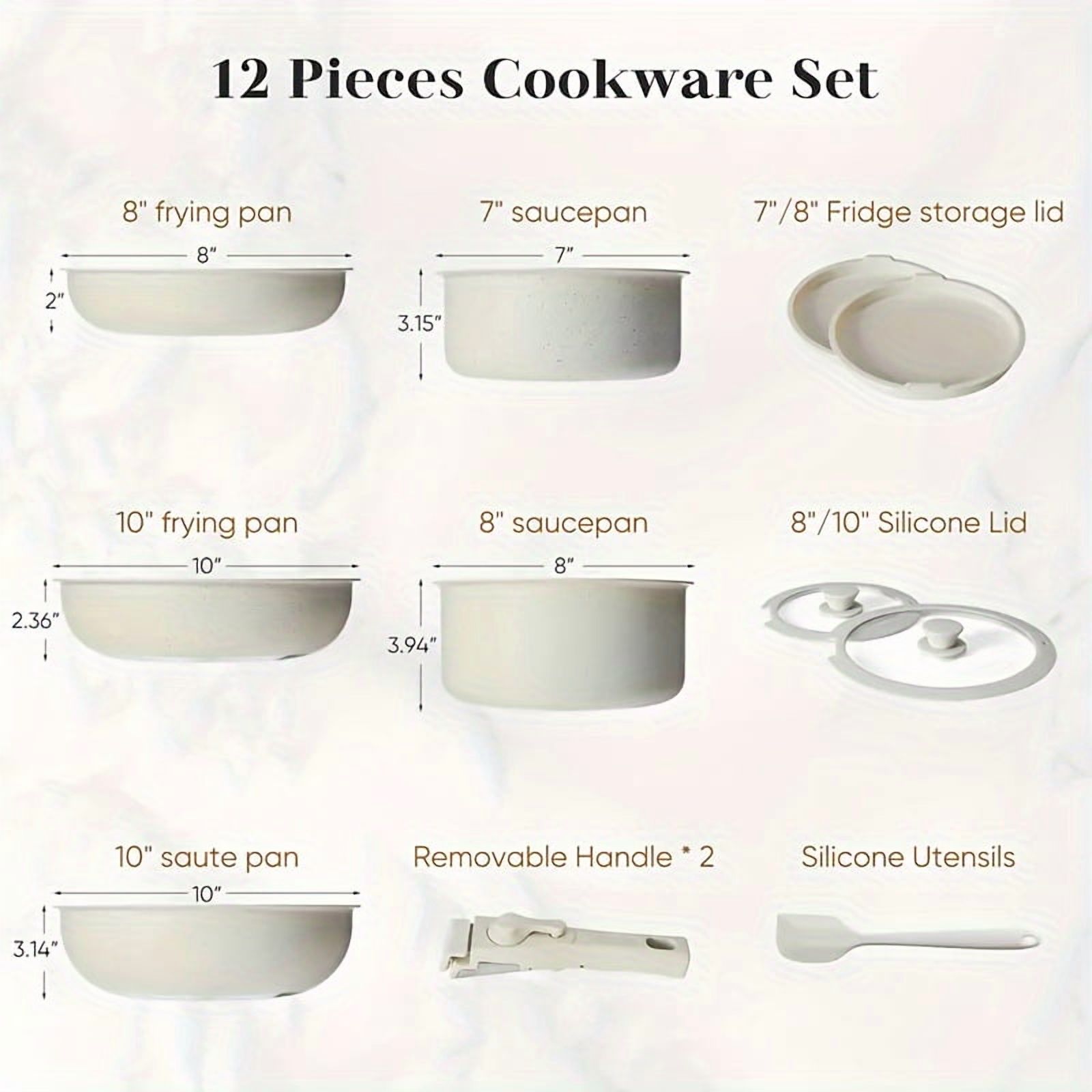 12 Pcs Pots and Pans Set, White Granite NonstickCookware Sets Detachable Handle, StackableInduction Kitchen Cooking Set, Stain & Scratch-resistant