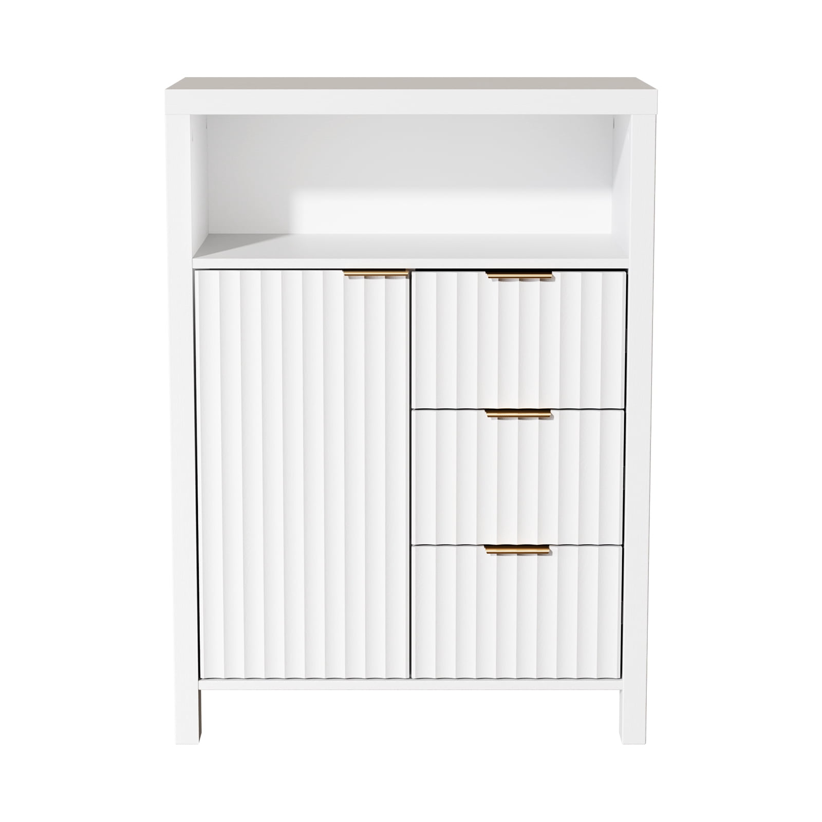 Ktaxon Fluted MDF Bathroom Floor Cabinet with Grille Single Door and Three Drawers, White