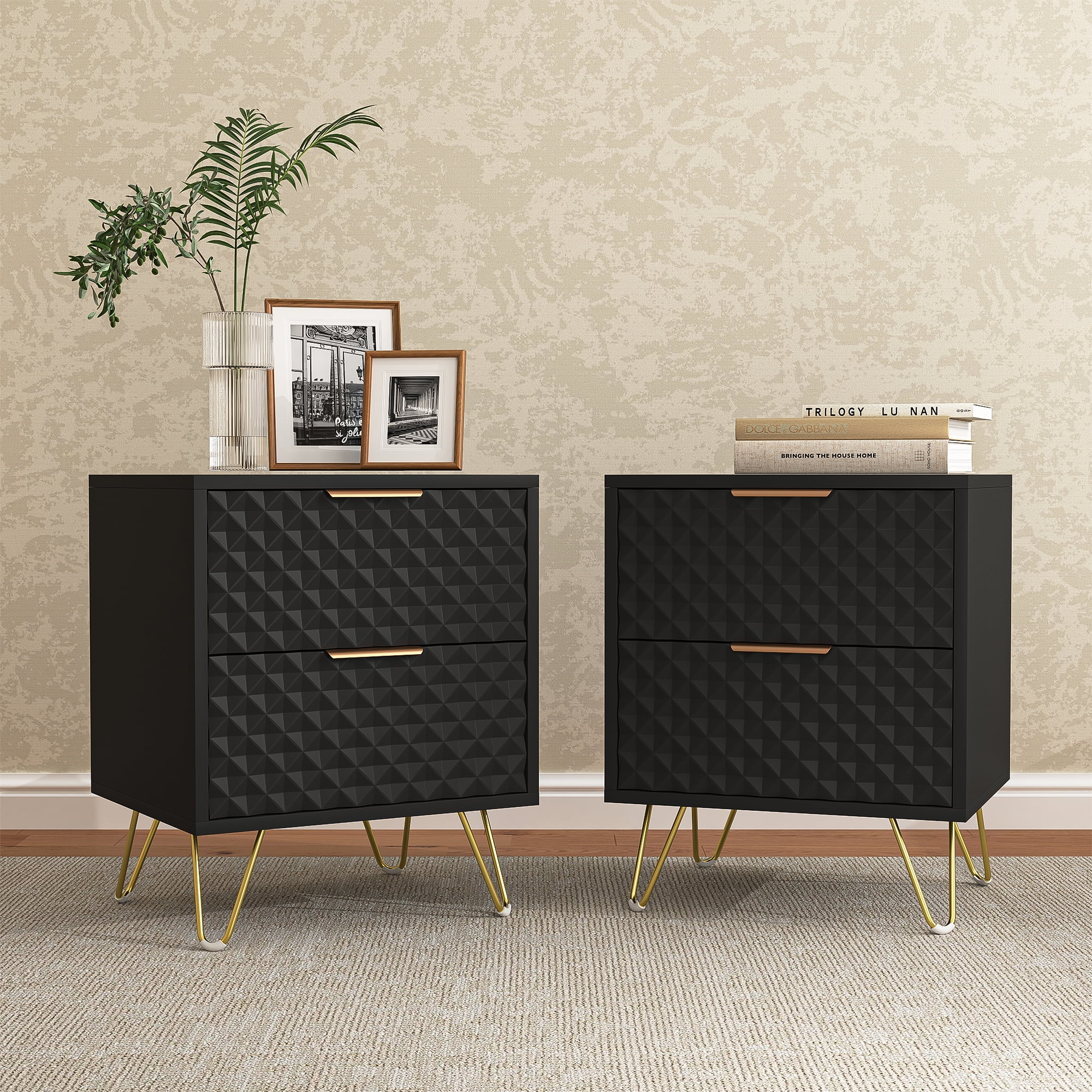 2 Drawer Bedroom Nightstand Set of 2 with Gold Metal Handle and Legs, Black Bedside Table