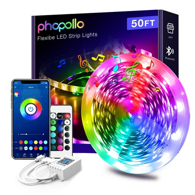 Tira de luces LED PHOPOLLO Bluetooth 50 pies 5050 RGB para decoración