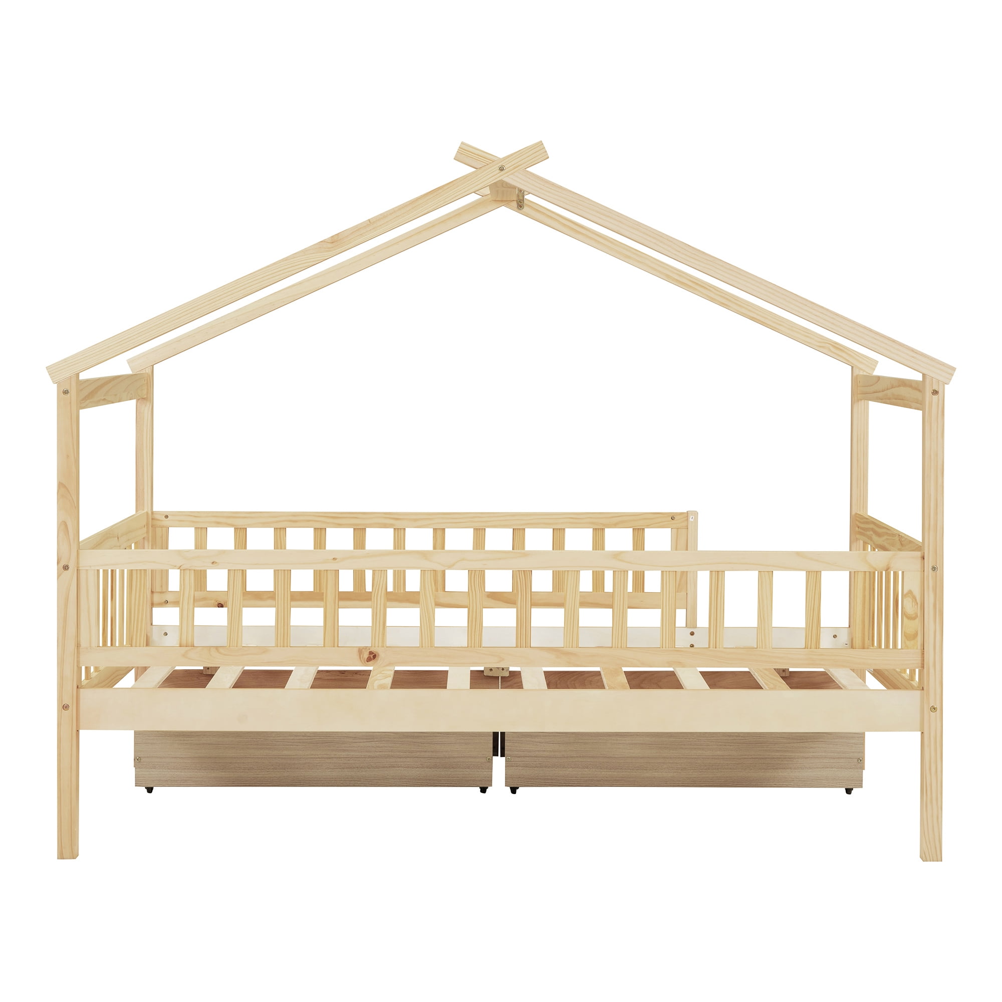 Harper & Bright Designs Twin House Bed with 2 Storage Drawers, Twin Bed Frame with Rails and Roof, Wooden Tent Montessori Bed for Girls & Boys, Natural