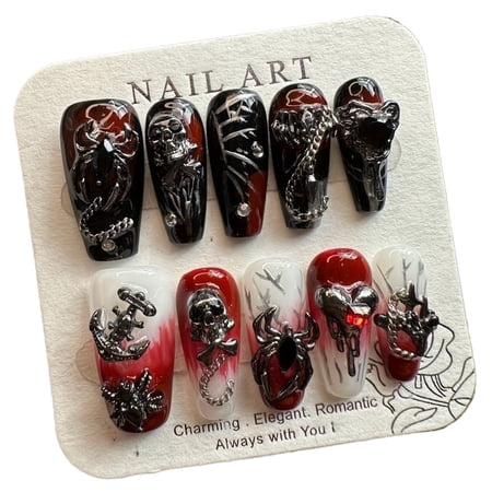 JC Regular Size Coffin Plastic Artificial Nails, Red, 10 Pieces