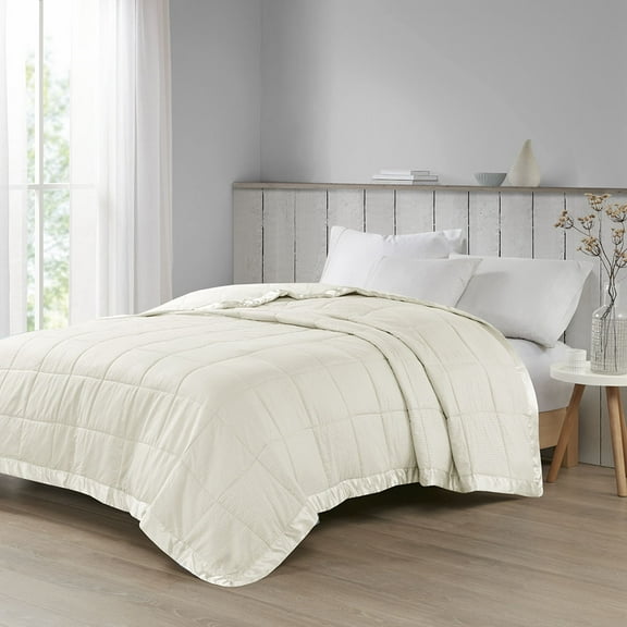 Oversized Down Alternative Blanket with Satin Trim Ivory Full/Queen
