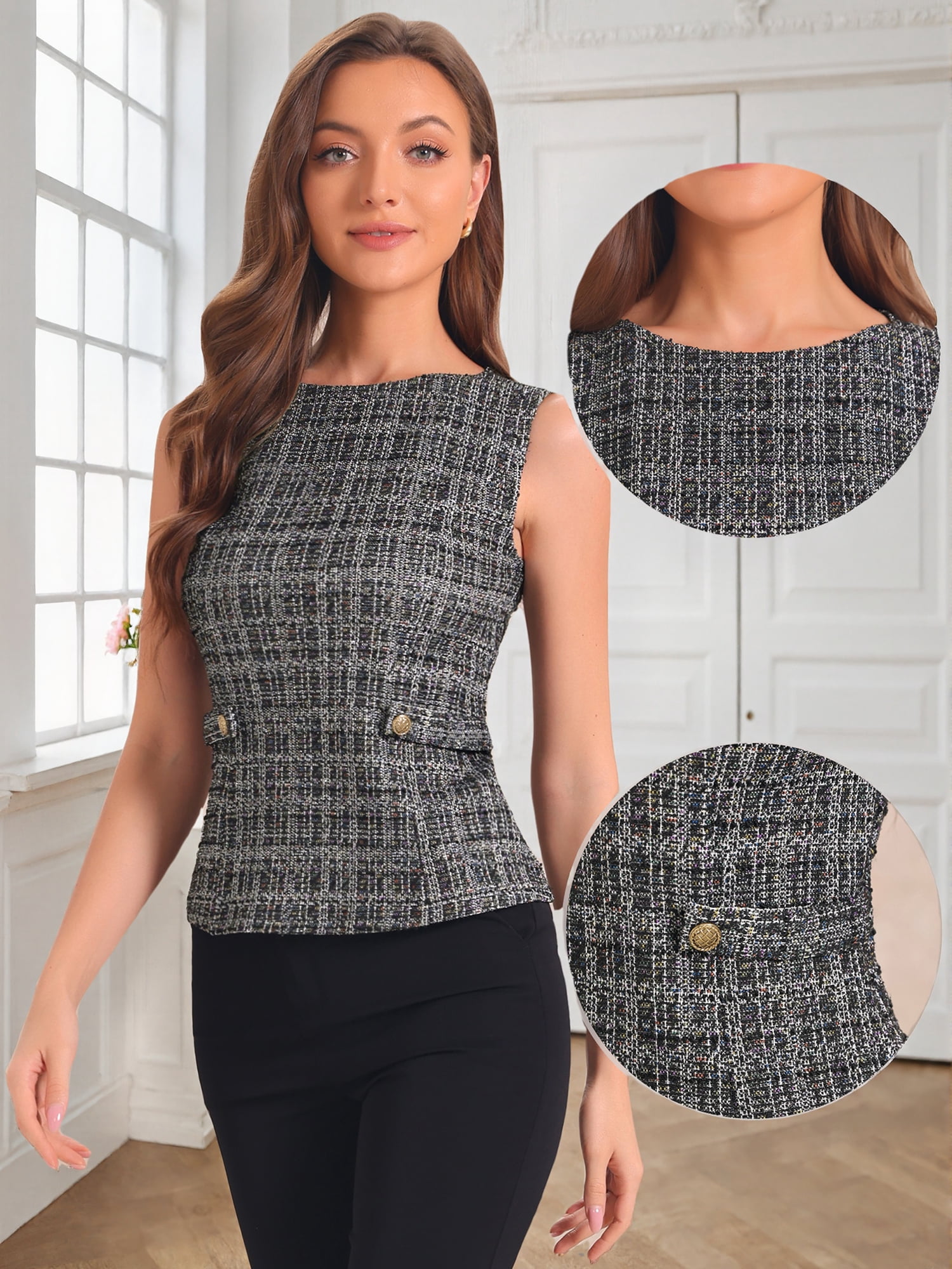 DARING DIVA Women's Tweed Elegant Crew Neck Business Vest Tops XS Black
