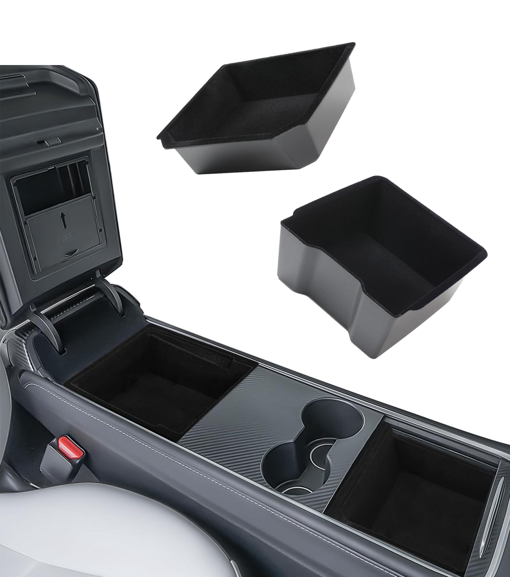 Center Console Tray Organizer Replacement For 2025-2026 Tesla Model Y Juniper Front and Rear 2Pcs Automotive Car Organizers Storage Flocking