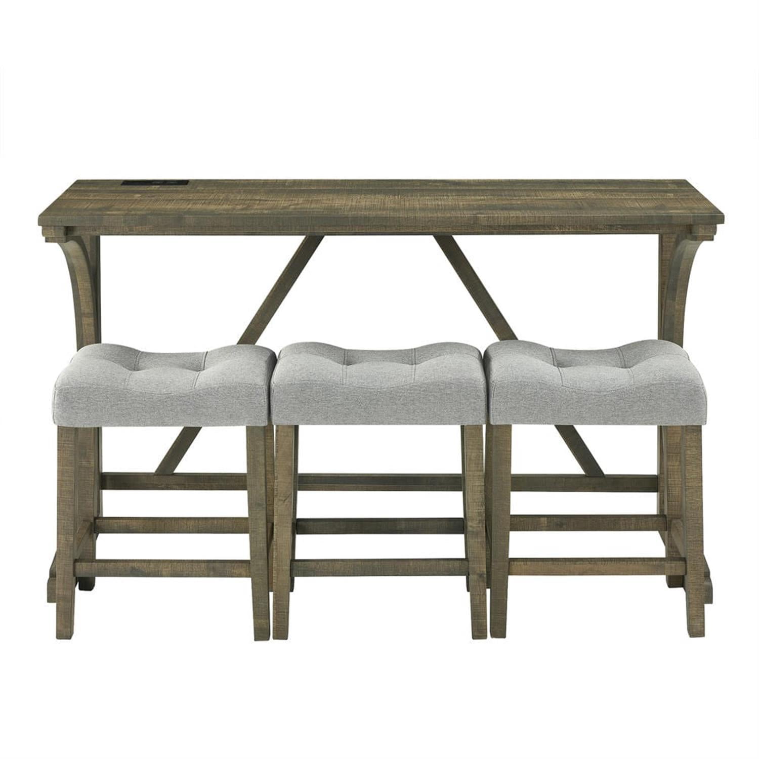 Demi Bonn 4-Piece Dining Table Set with 3 Upholstered Bar Stool and Power Outlets, Industrial Kitchen Bar Table Furniture Sets for Living Room, Apartment, Brown