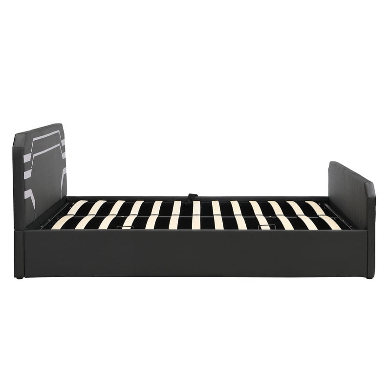 Queen Size PU Leather Gaming Bed Frame with Hydraulic Storage, Cyberpunk Style Platform Bed with Futuristic Pattern Headboard