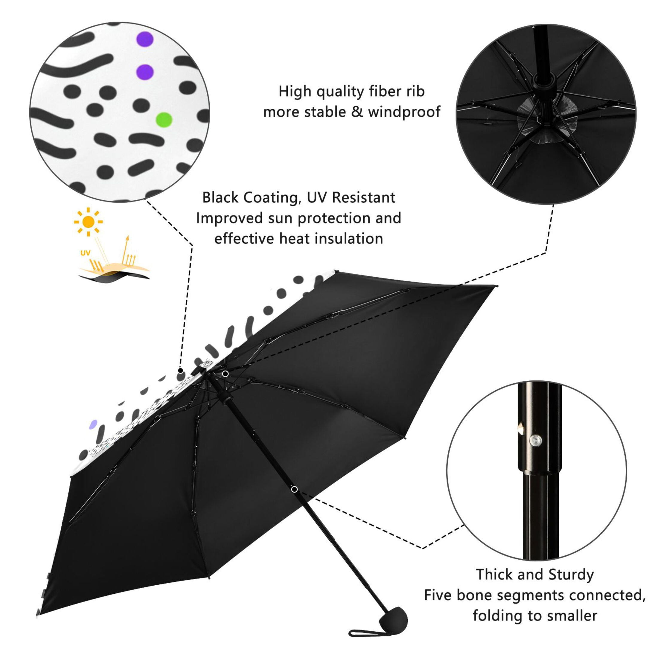 Black and Colorful Dotted Umbrellas for Sun Auto Open Close UV50+ Waterproof 5-Fold Compact Fiberglass Frame